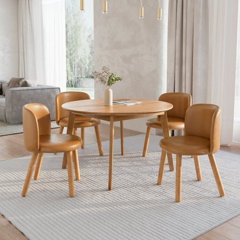 Mesa de Jantar Extensível Redonda com 4 Cadeiras Madeira Maciça Tasila Yescasa Marrom/Champagne/Caramelo