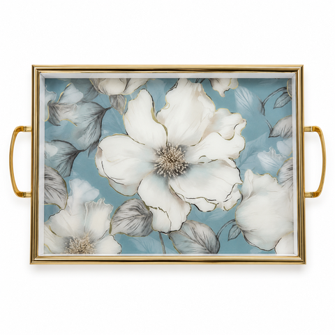 Bandeja Decorativa Azul Florida com Detalhes Dourados 30x45cm