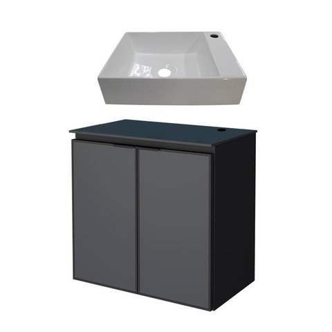 Gabinete Para Banheiro Preto Aço Umbu Tampo Vidro Com Cuba Prisma Base Cozimax