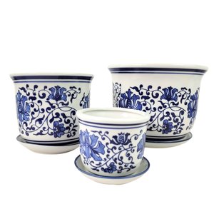 Vaso Decorativo Cachepot Azul Branco 20/15/10cm Arabesco 3pç