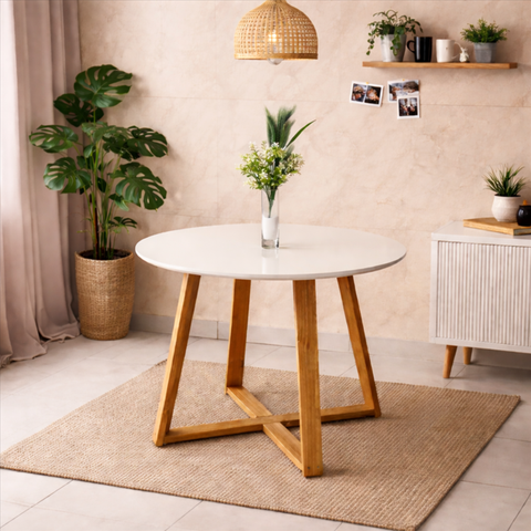 Mesa de Jantar Redonda Livia 90cm Off White com Base Mel em Eucalipto 4 Lugares