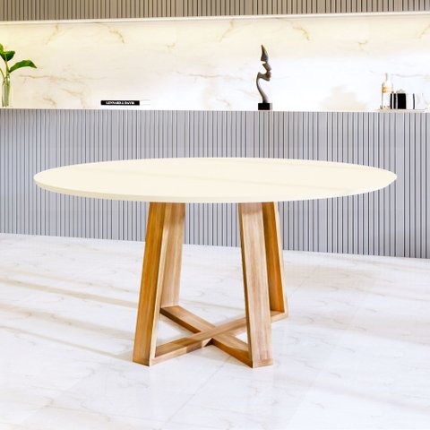 Mesa Redonda Jantar 90cm Livia Off White Base Madeira Maciça