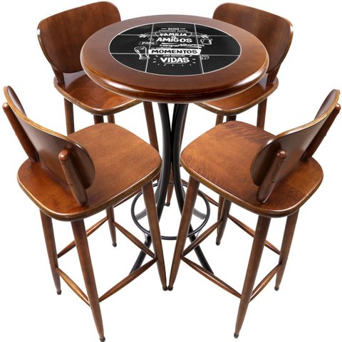 Conjunto Bistro para Varanda Pequena Alta com 4 Banquetas de Madeira e Azulejo - Familia e Amigos