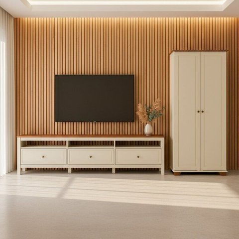 Conjunto Peças Rack 210cm, 1 Armário 2 Portas Madeira Maciça Ananda CabeCasa MadeiraOriginals Branco Off White/Mel