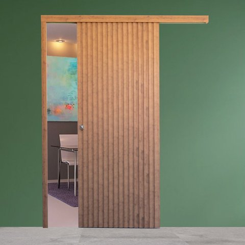 Porta de Correr de Madeira Ripada Completa 210x82cm com Fechadura e Ferragens