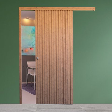 Porta de Correr de Madeira Ripada Completa 210x82cm com Fechadura e Ferragens 