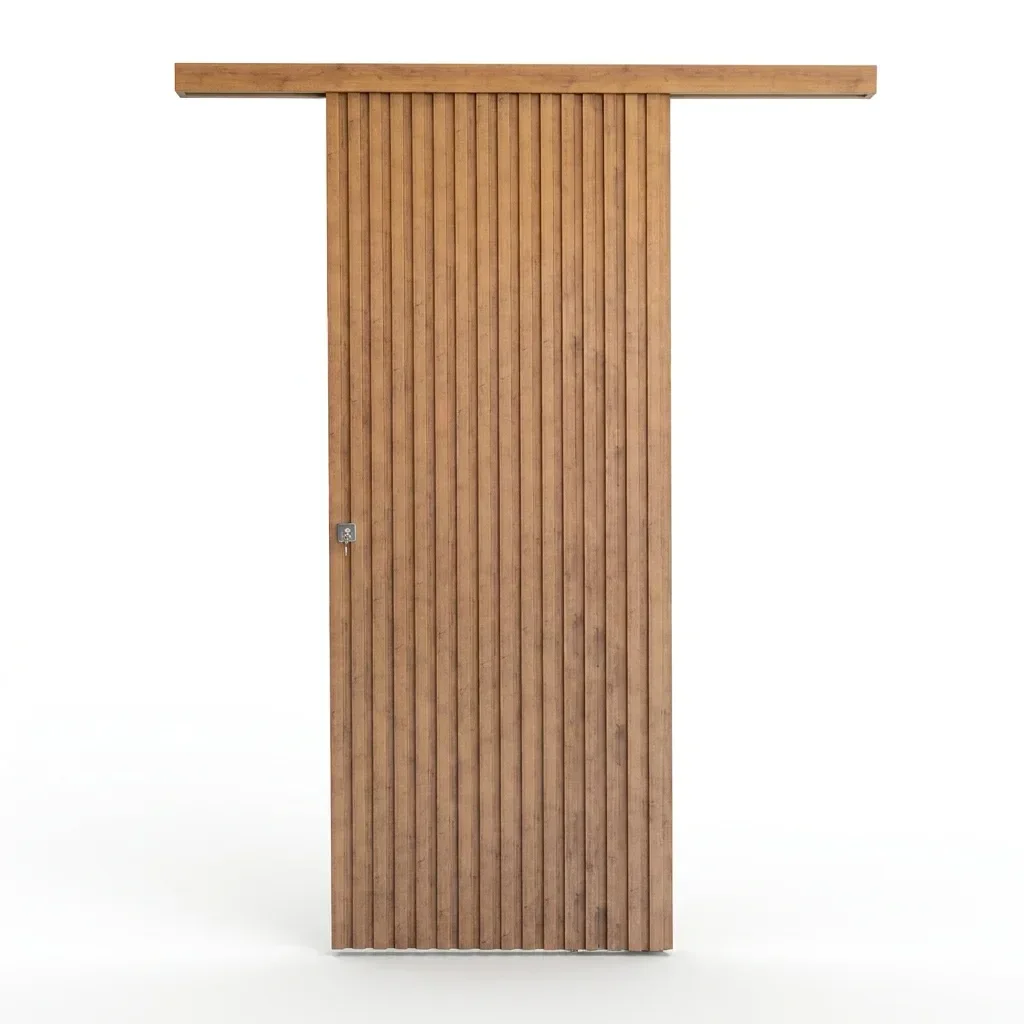 Ver imagem 3 de Porta de Correr de Madeira Ripada Completa 210x82cm com Fechadura e Ferragens Marrom/Carvalho Casablanca