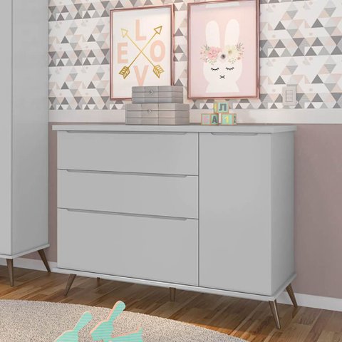Cômoda Melinda Cinza 3 Gavetas 1 Porta Retrô Infantil - Phoenix Baby