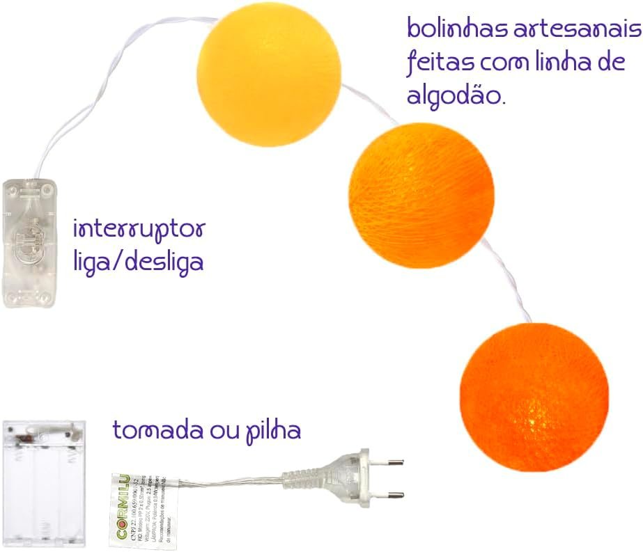 Bolinhas de Luz Cormilu Led, À Pilha, 10 Bolas (amarelo e Laranja) 1.5m - 5