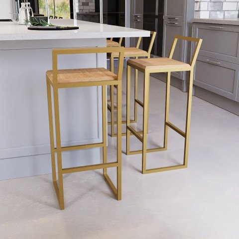Jogo 4 Banqueta Alta Balcão Bistrô Dourada Confort Industrial Premium Pinus Don Castro Decor Industr