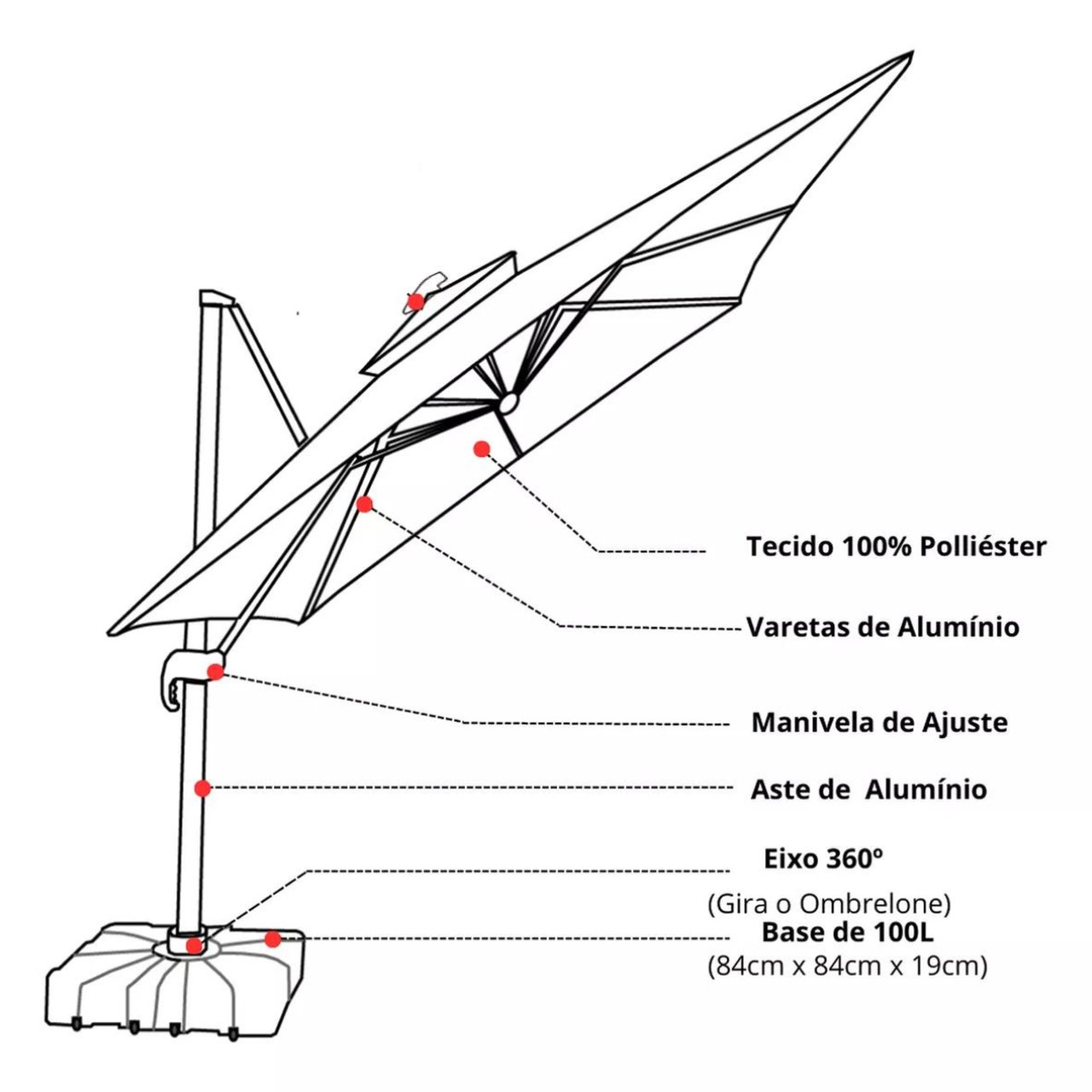 Ombrelone Guarda Sol Noronha Premium Aluminio 3,0 X 3,0 C/ Base em 100l - 2