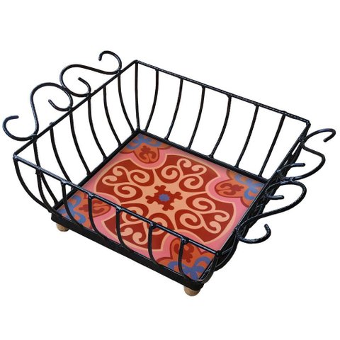 Fruteira de Mesa Ferro e Azulejo Quadrada Grande pra Cozinha Azulejo G4