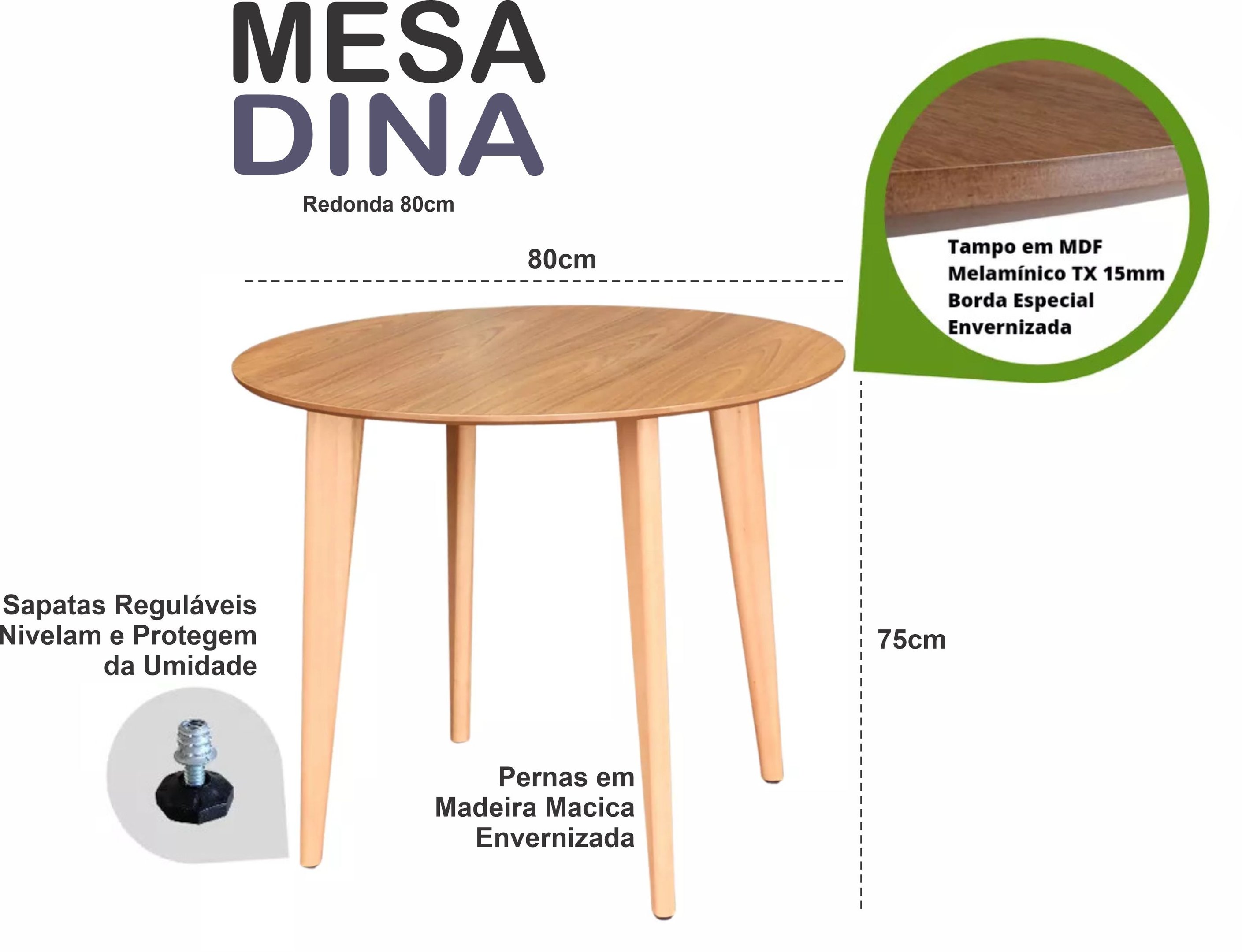 Mesa de Madeira Redonda de 80cm na Cor Freijó - 5