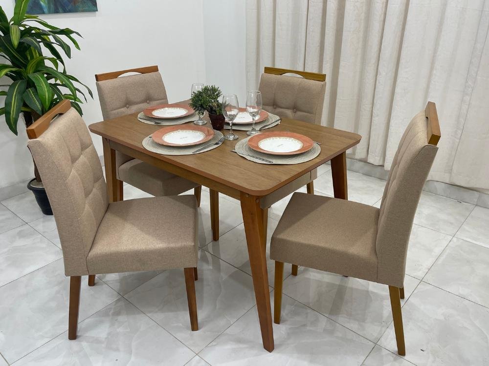 Mesa de Jantar Elegance 1.20x0.80 com 4 Cadeiras Nicole – Cinamomo/bege Linho