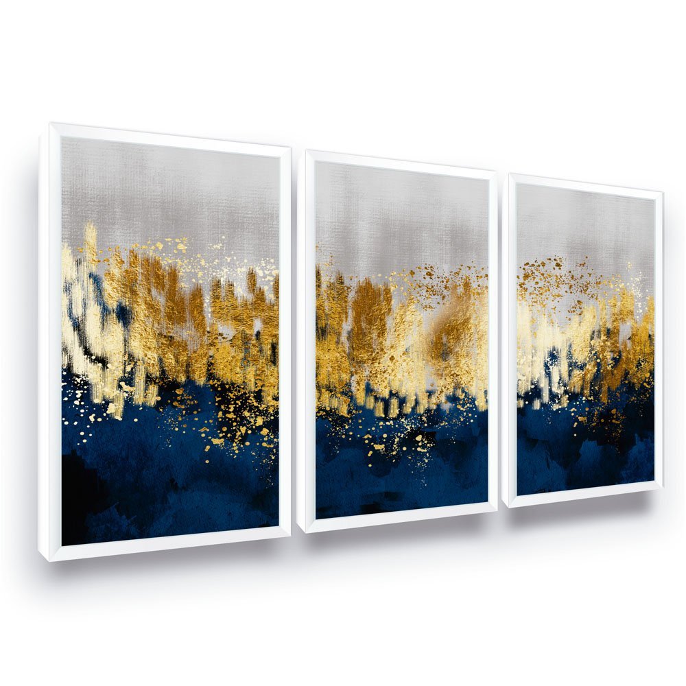 Quadro Decorativo Abstrato Azul Dourado Mosaico C/ Moldura