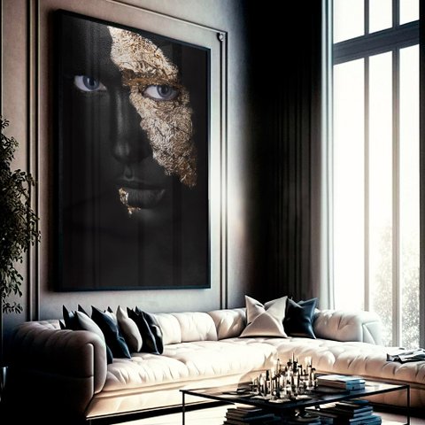 Quadro Decorativo Caixa Mulher Olhos Dourados Tacolado Moldura Caixa 3cm Madeira com Vidro 80 X 120c