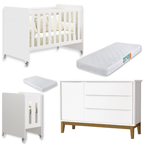 Quarto de Bebê Berço Evolution + Cômoda 1 Porta 3 Gavetas Classic Branco + 2 Colchões