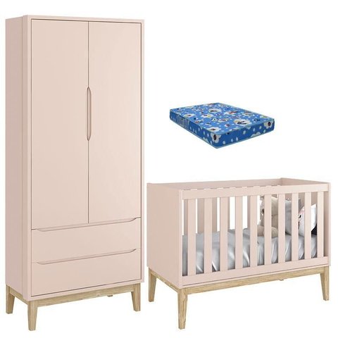 Berço Americano com Colchão e Guarda Roupa Classic 2 Portas Rosa Pés Madeira Natural – Reller
