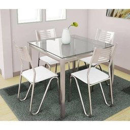 Conjunto: Mesa de Cozinha Reno c/ Tampo Vidro 90cm + 4 Cadeiras Nápoles Cromada/Branco - Kappesberg - 1