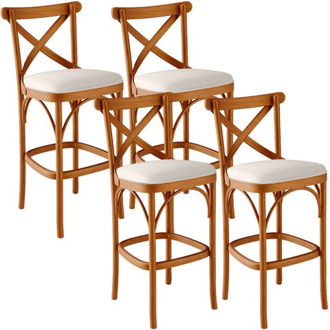 Kit 04 Banquetas Altas Cozinha Bancada Bar Sala de Jantar Estofada Ávila L02 Linho Cru - Lyam Lyam D