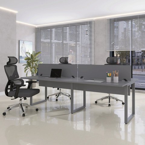Plataforma Dupla Escrivaninha Tub Corporativa Light 4 Lugares 220cm Industrial Cinza