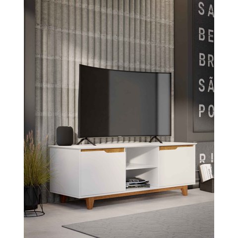 Rack Bancada Flow para Tv 146 Cm 2 Portas com Pés de Madeira Branco com Freijó - Rede Móveis