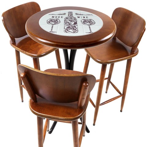 Conjunto Mesa Madeira Azulejo 60cm - Bistrô Fixa 98cm + 3 Banquetas 73 - Natural - More Wine