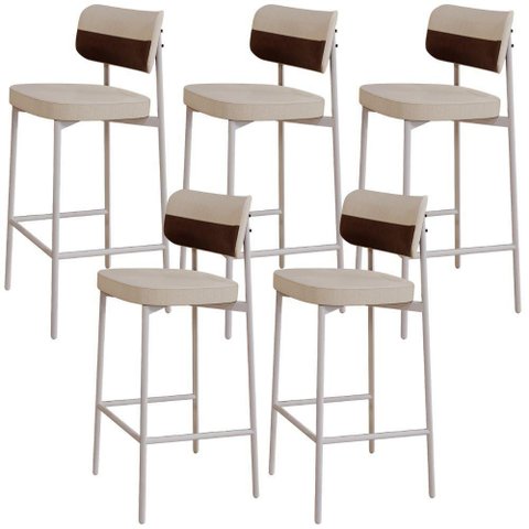 Kit 05 Banquetas Alta Bar Cozinha Sala de Jantar Aço Branco Kaira C01 Linho Areia Courino Whisky -