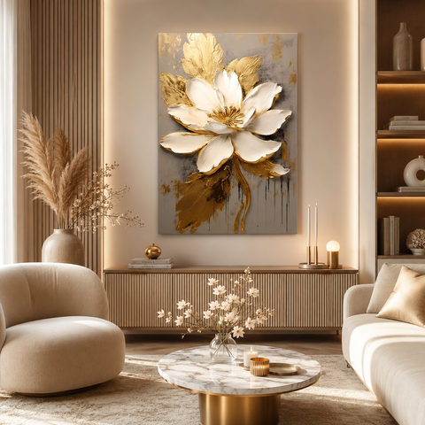 Quadro Decorativo para Sala Quarto Hall Grande Flor Dourada Elegante Floral em Canvas