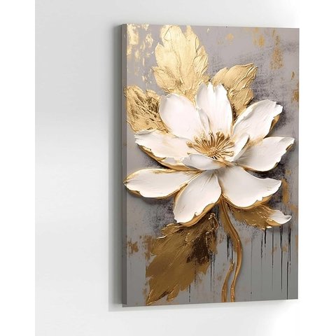 Quadro Decorativo para Sala Quarto Hall Grande Flor Dourada Elegante Floral em Canvas