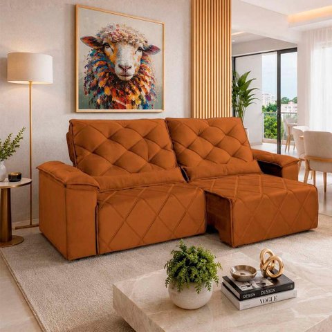 Sofá com Chaise Sirius 2 Lugares Retrátil e Reclinável 290cm Terracota