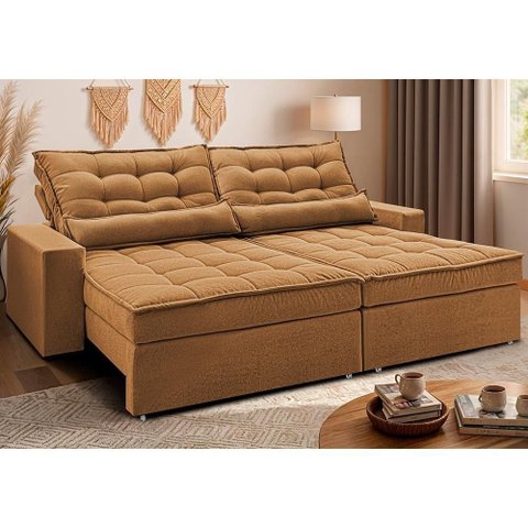 Sofá Retrátil e Reclinável 2,32m Molas Ensacadas Belle Boucle Caramelo Cama Inbox