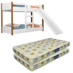 Beliche Flora Infantil com Escorregador e 2 Colchões Infantil Probel 1,50 Cor Branco com Nature - 1