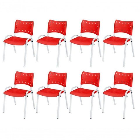 Cadeira Iso Base Branco Escola, Escritório Vermelho Kit 8 Un