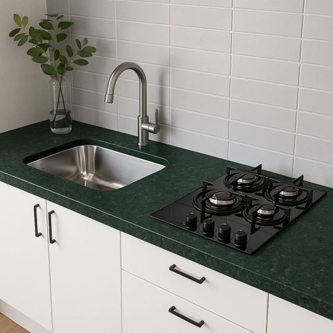 Pia Cozinha Granito Verde Ubatuba 120cm Corte Cooktop e Cuba: Verde Ubatuba
