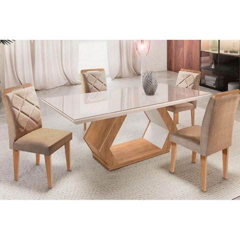 Sala de Jantar Completa Alvorada Tampo Madeirado Reto c/ Vidro 180cm + 4 Cadeiras Berlim Imbuia/Anim