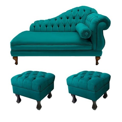 Divã Recamier Namoradeira Larissa 150cm + 2 Puffs Retrô Suede Azul Turquesa - LM DECOR