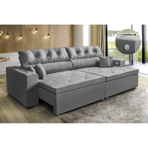 Sofá 3 Lugares Smart Retrátil, Reclinável 2,02 Metros, Tecnologia Carregamento 3 portas USB Cinza