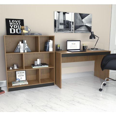 Kit Escritório B28 com Mesa e Estante com 6 Nichos - Mel/Preto