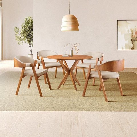Conjunto Sala de Jantar Mesa Redonda 4 Cadeiras Madeira Maciça Gaia Yescasa Bege