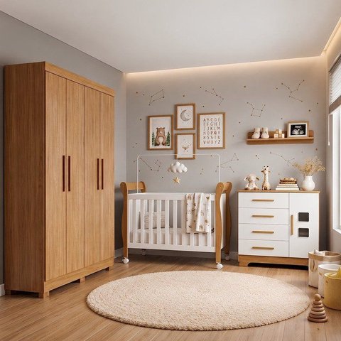 Quarto de Bebê Completo com Guarda-Roupa, Berço e Cômoda Manu Branco/Amadeirado