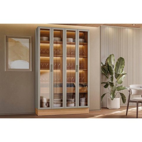 Módulo Cozinha Linea Allure Allure Adega Vinhos c/4PTAS Vidro 5 Prat 2GAVS e Leads 140cm Jequitiba/