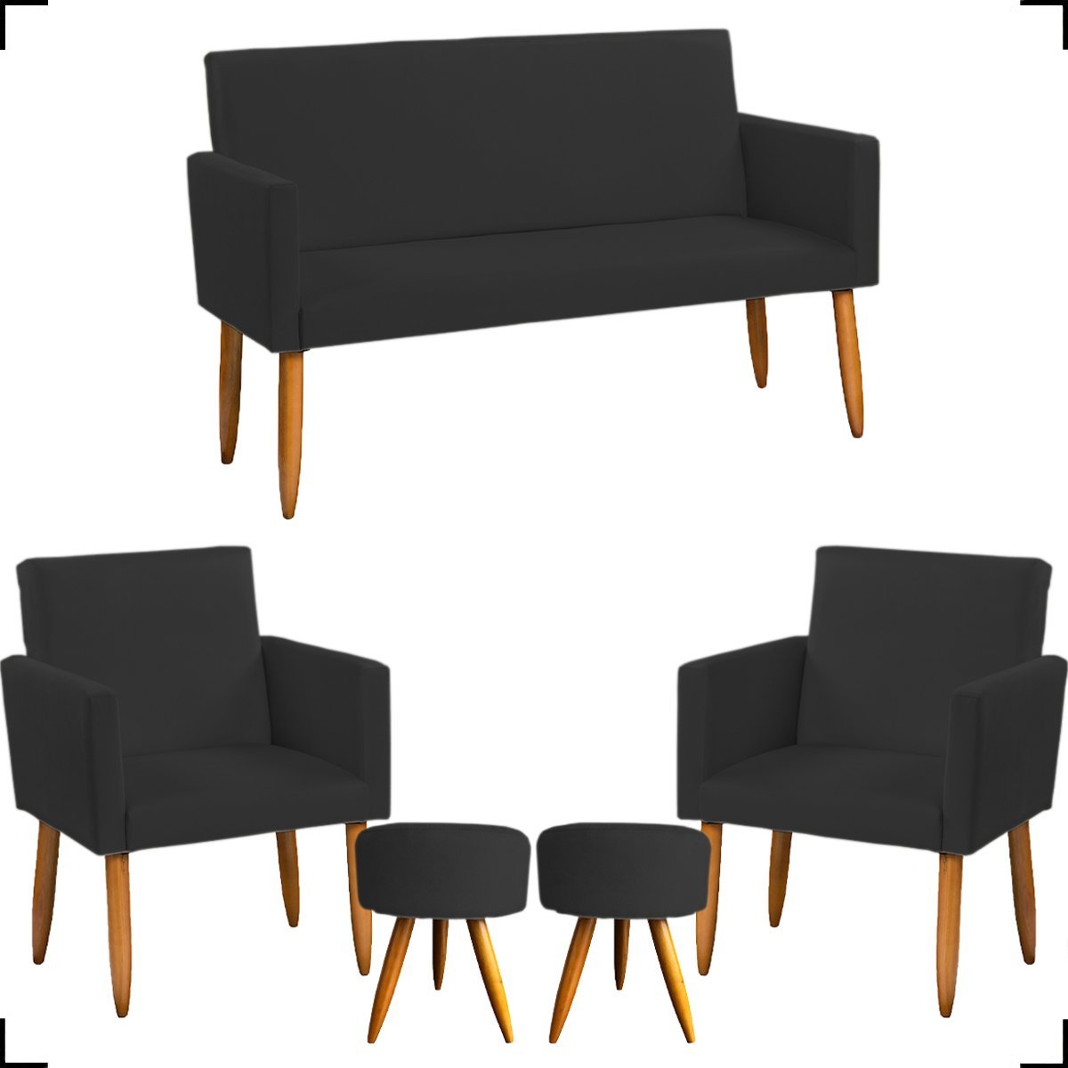 Kit Namoradeira Decorativa + 2 Poltronas Para Sala Reforçadas + 2 Puff Redondo Suede Preto