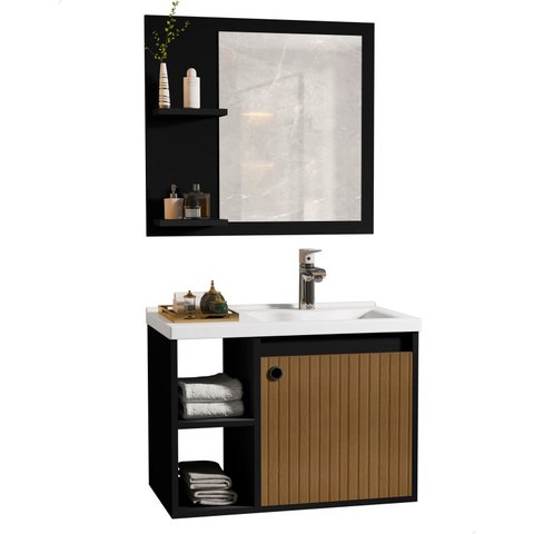 Kit Gabinete e Espelheira Lavabo Suspenso Nilo Preto Ripado