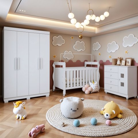 Quarto de Bebê Completo com Guarda-Roupa, Berço e Cômoda Lipe Branco