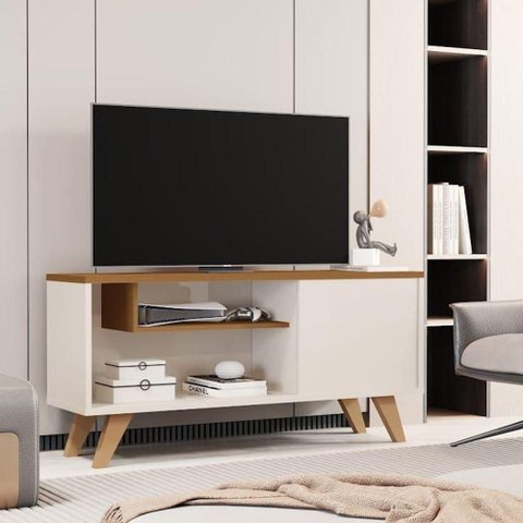 Rack Bancada Heitor 100cm com Porta e Nichos Off White e Cedro Sal Movelaria