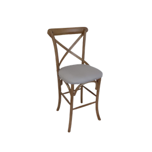 Banqueta Katrina Cross Paris em Madeira. Encosto em X. Assento Fixo Estofado Linho Areia. Cor Natura