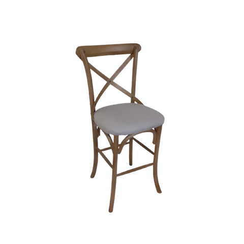 Banqueta Katrina Cross Paris em Madeira. Encosto em X. Assento Fixo Estofado Linho Areia. Cor Natura