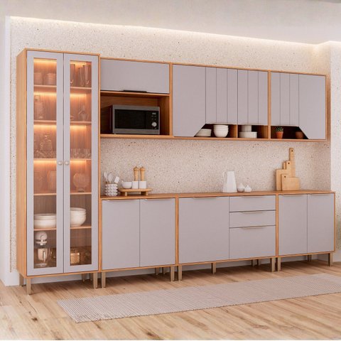 Cozinha Modulada 7 Peças com 1 Cristaleira 3 Balcões e 3 Armários Aéreos Celeste Bege Cinamomo/Platina