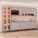 Ver imagem 1 de Cozinha Modulada 7 Peças com 1 Cristaleira 3 Balcões e 3 Armários Aéreos Celeste Bege Cinamomo/Platina